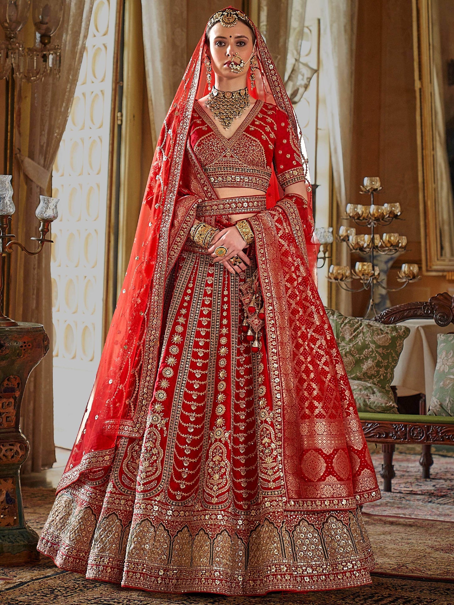 Impressive Red Heavy Embroidered Silk Bridal Lehenga Choli With Double Dupatta