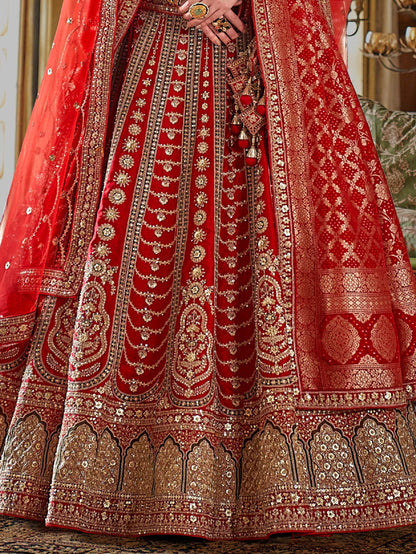 Impressive Red Heavy Embroidered Silk Bridal Lehenga Choli With Double Dupatta