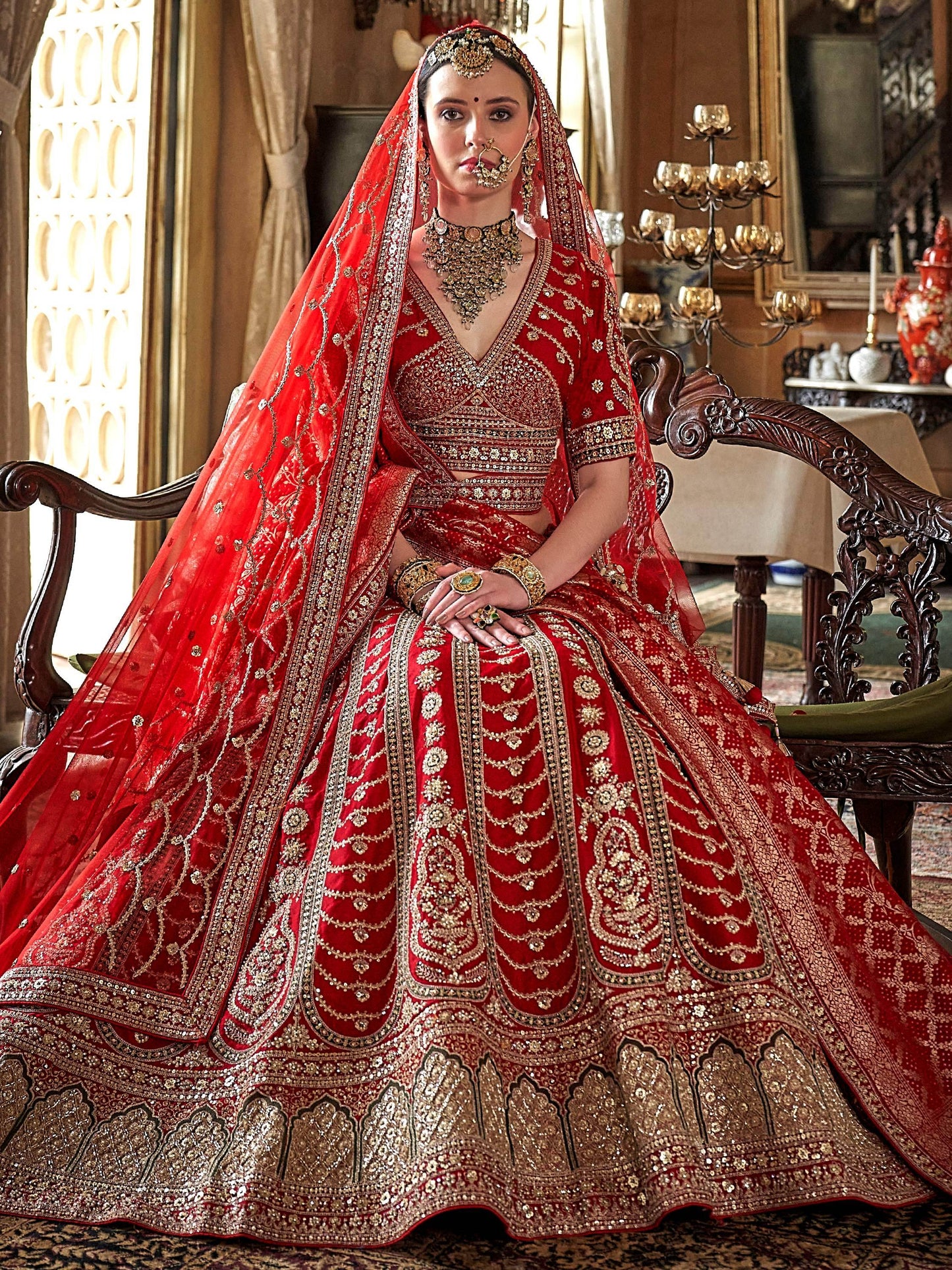 Impressive Red Heavy Embroidered Silk Bridal Lehenga Choli With Double Dupatta