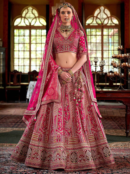 Charming Rani Pink Thread Embroidered Silk Bridal Lehenga Choli With Double Dupatta
