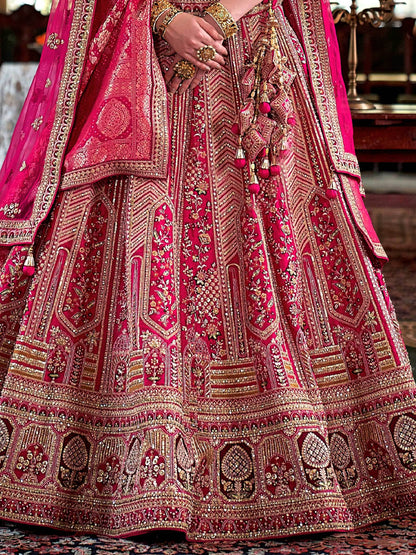 Charming Rani Pink Thread Embroidered Silk Bridal Lehenga Choli With Double Dupatta