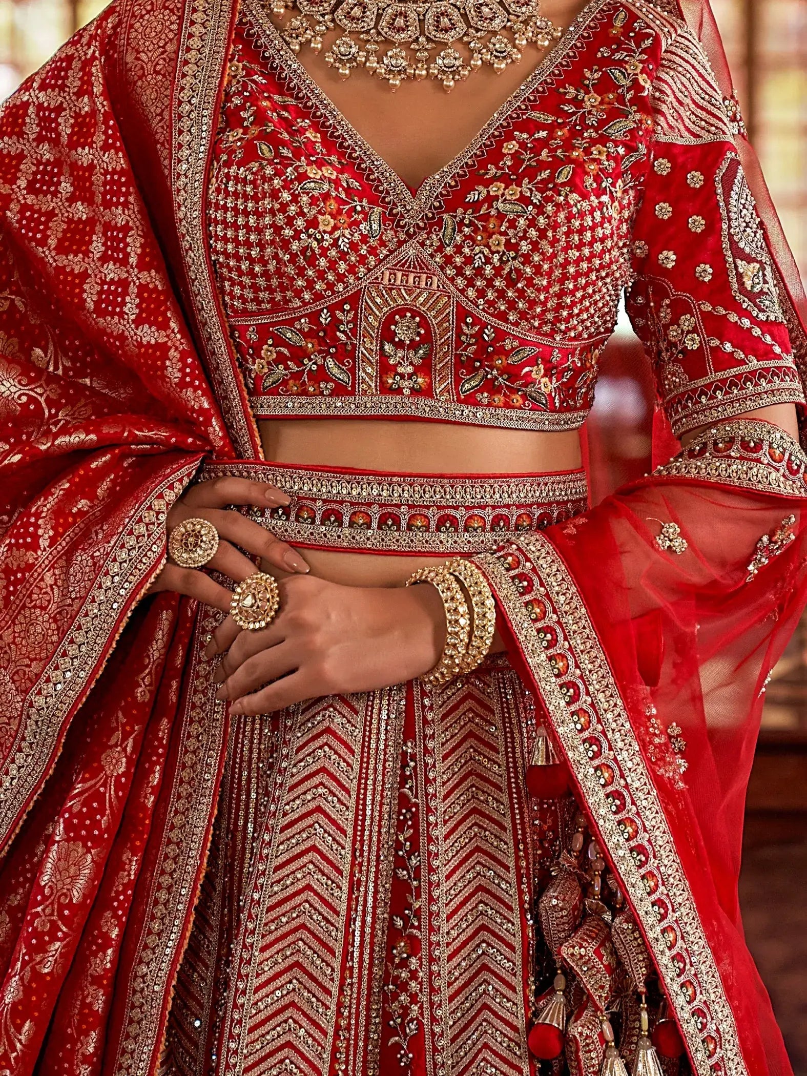 Fantastic Red Heavy Embroidered Silk Bridal Lehenga Choli With Double Dupatta