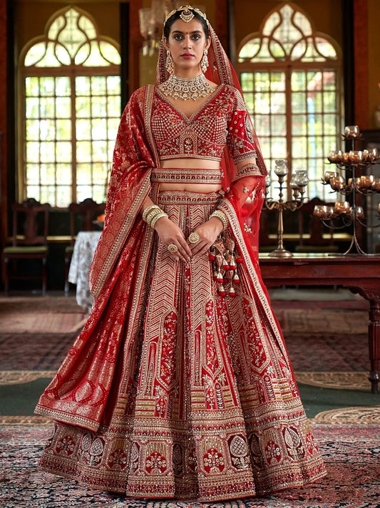 Fantastic Red Heavy Embroidered Silk Bridal Lehenga Choli With Double Dupatta