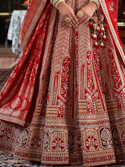 Fantastic Red Heavy Embroidered Silk Bridal Lehenga Choli With Double Dupatta