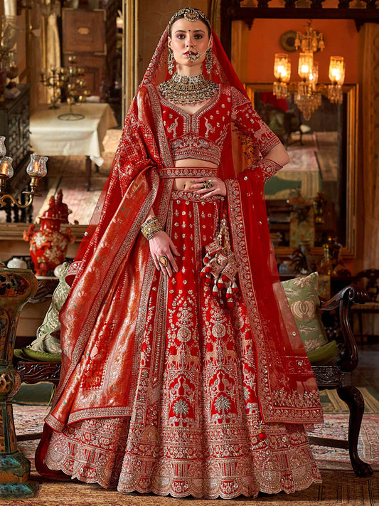 Marvellous Red Pearl Embroidered Silk Bridal Lehenga Choli With Double Dupatta