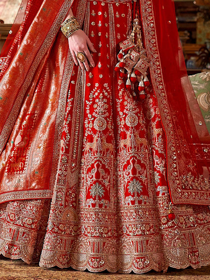 Marvellous Red Pearl Embroidered Silk Bridal Lehenga Choli With Double Dupatta