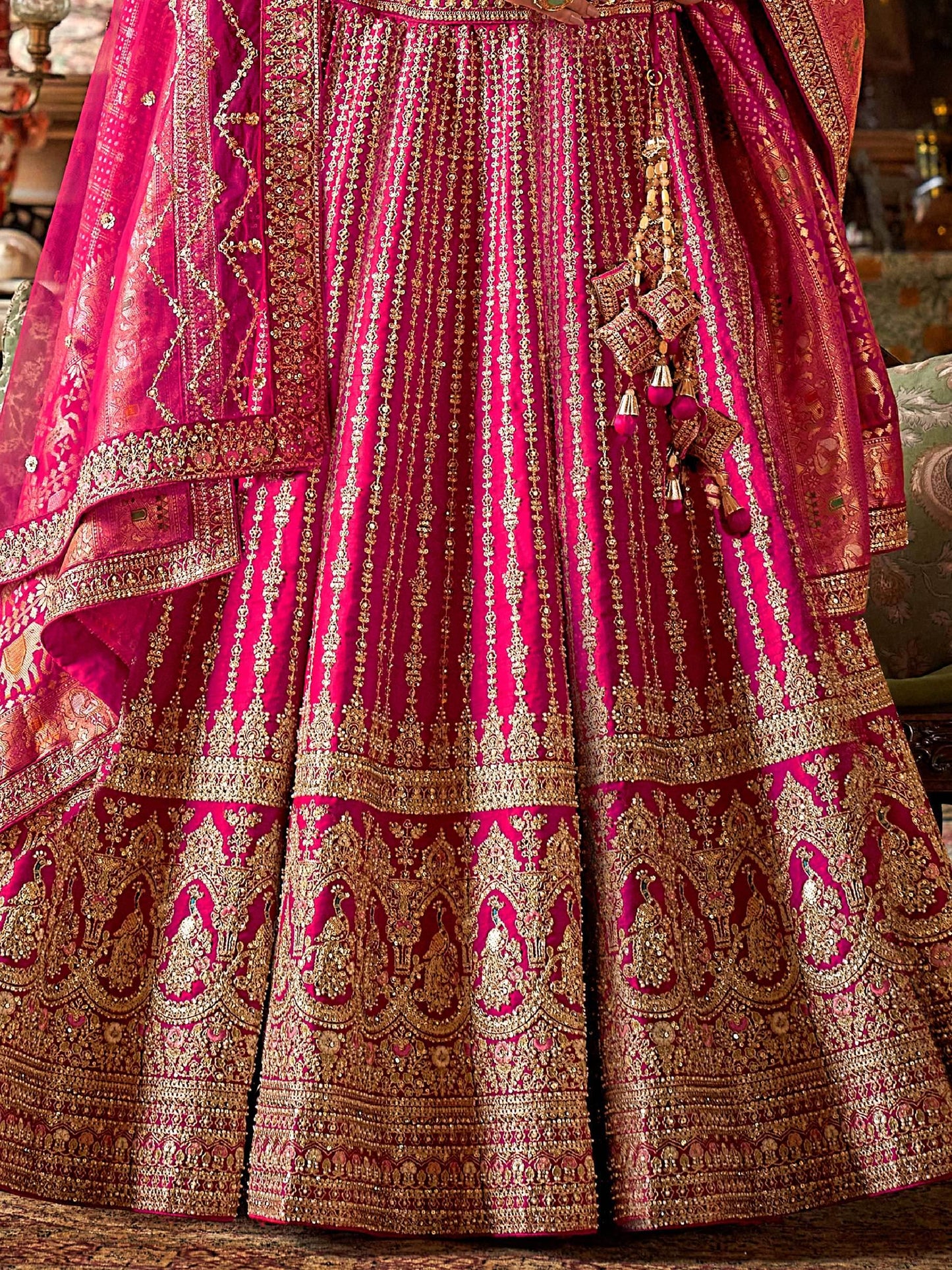 Bewitching Rani Pink Embroidered Silk Bridal Lehenga Choli With Double Dupatta