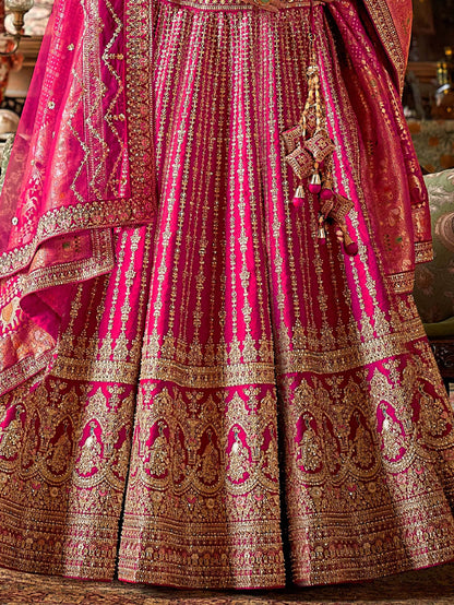 Bewitching Rani Pink Embroidered Silk Bridal Lehenga Choli With Double Dupatta