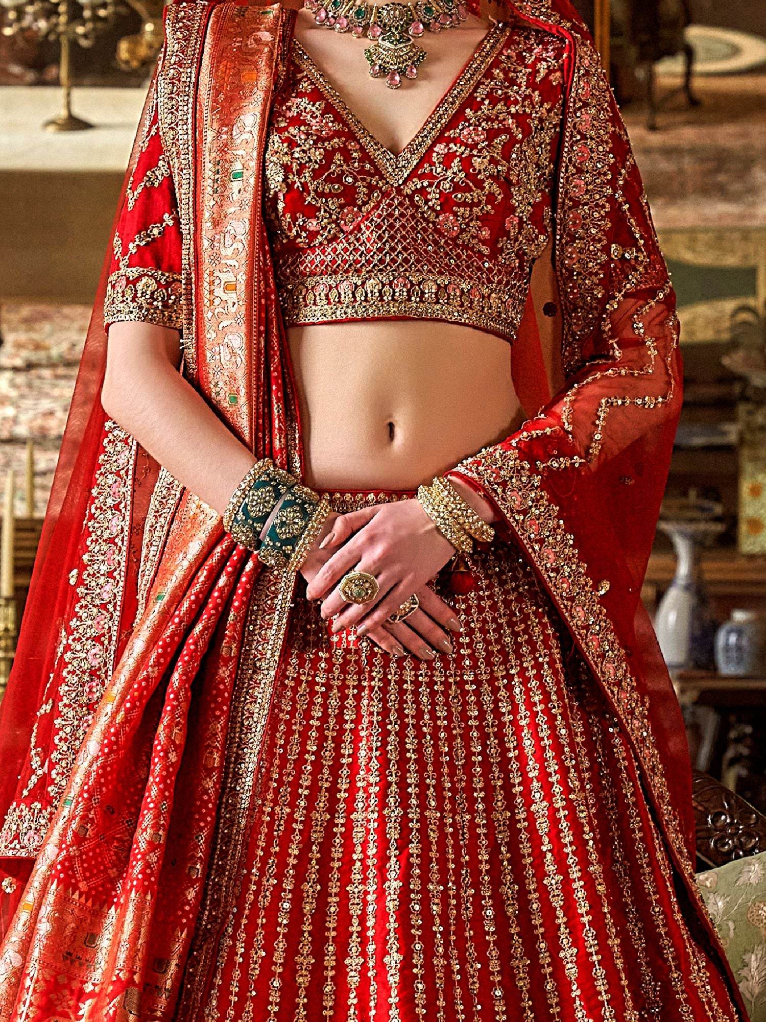 Lovely Red Thread Embroidered Silk Bridal Lehenga Choli With Double Dupatta