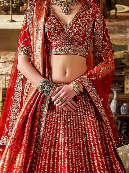 Lovely Red Thread Embroidered Silk Bridal Lehenga Choli With Double Dupatta