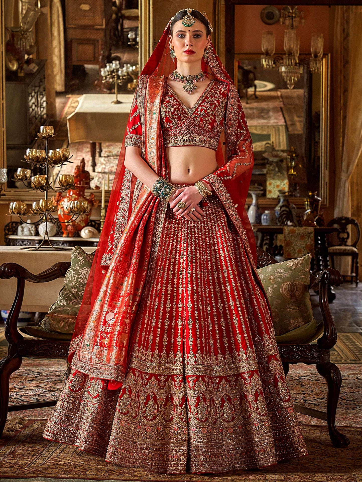 Lovely Red Thread Embroidered Silk Bridal Lehenga Choli With Double Dupatta