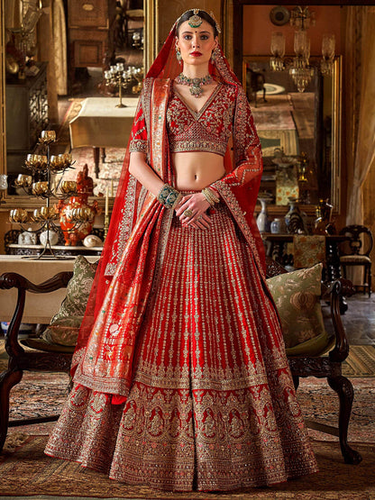 Lovely Red Thread Embroidered Silk Bridal Lehenga Choli With Double Dupatta