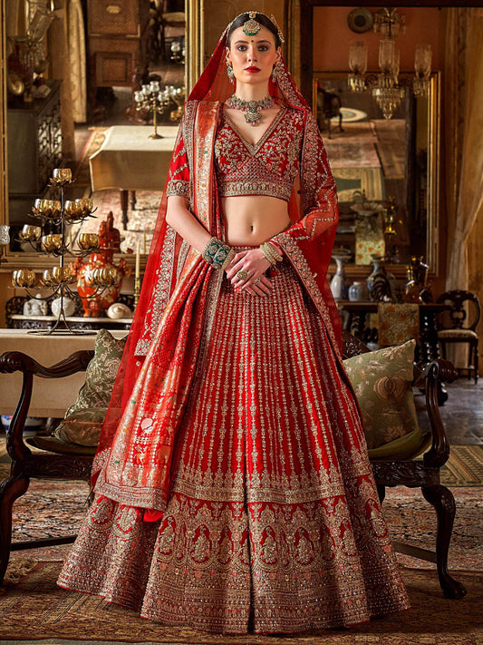 Lovely Red Thread Embroidered Silk Bridal Lehenga Choli With Double Dupatta