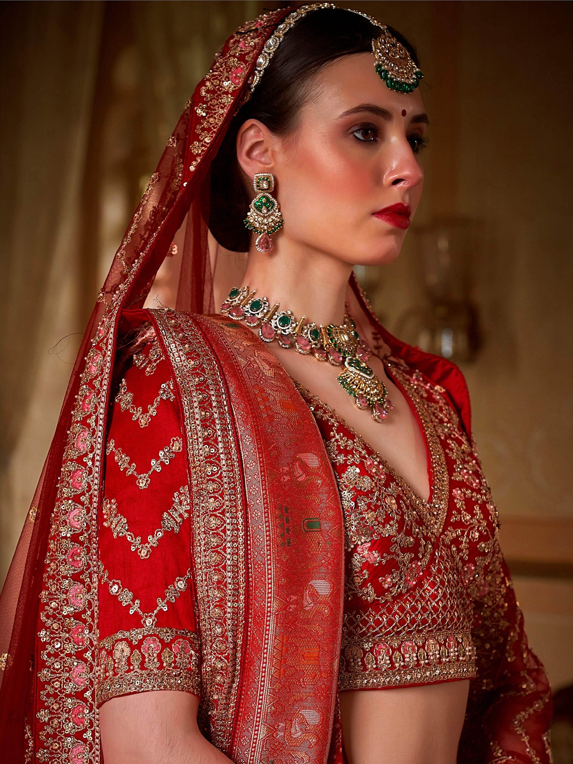 Lovely Red Thread Embroidered Silk Bridal Lehenga Choli With Double Dupatta