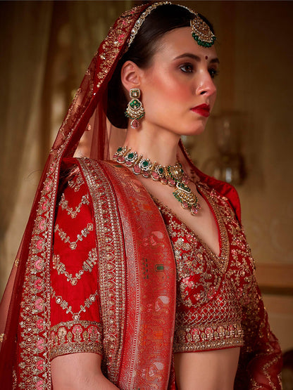 Lovely Red Thread Embroidered Silk Bridal Lehenga Choli With Double Dupatta
