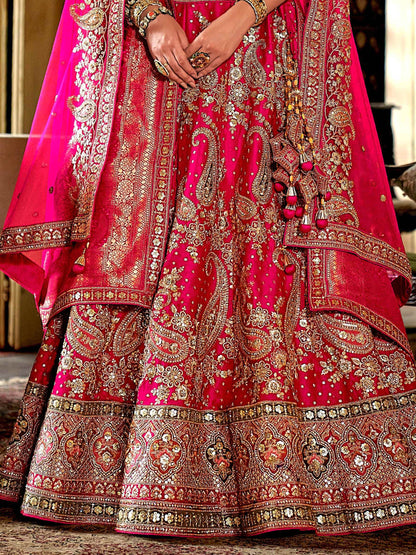 Beautiful Rani Pink Pearl Work Silk Bridal Lehenga Choli With Double Dupatta