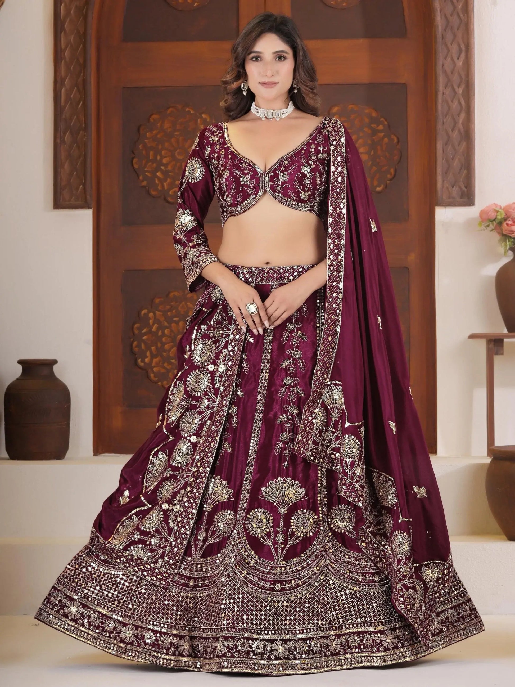 Excellent Wine Embroidered Chinon Engagement Lehenga With Blouse