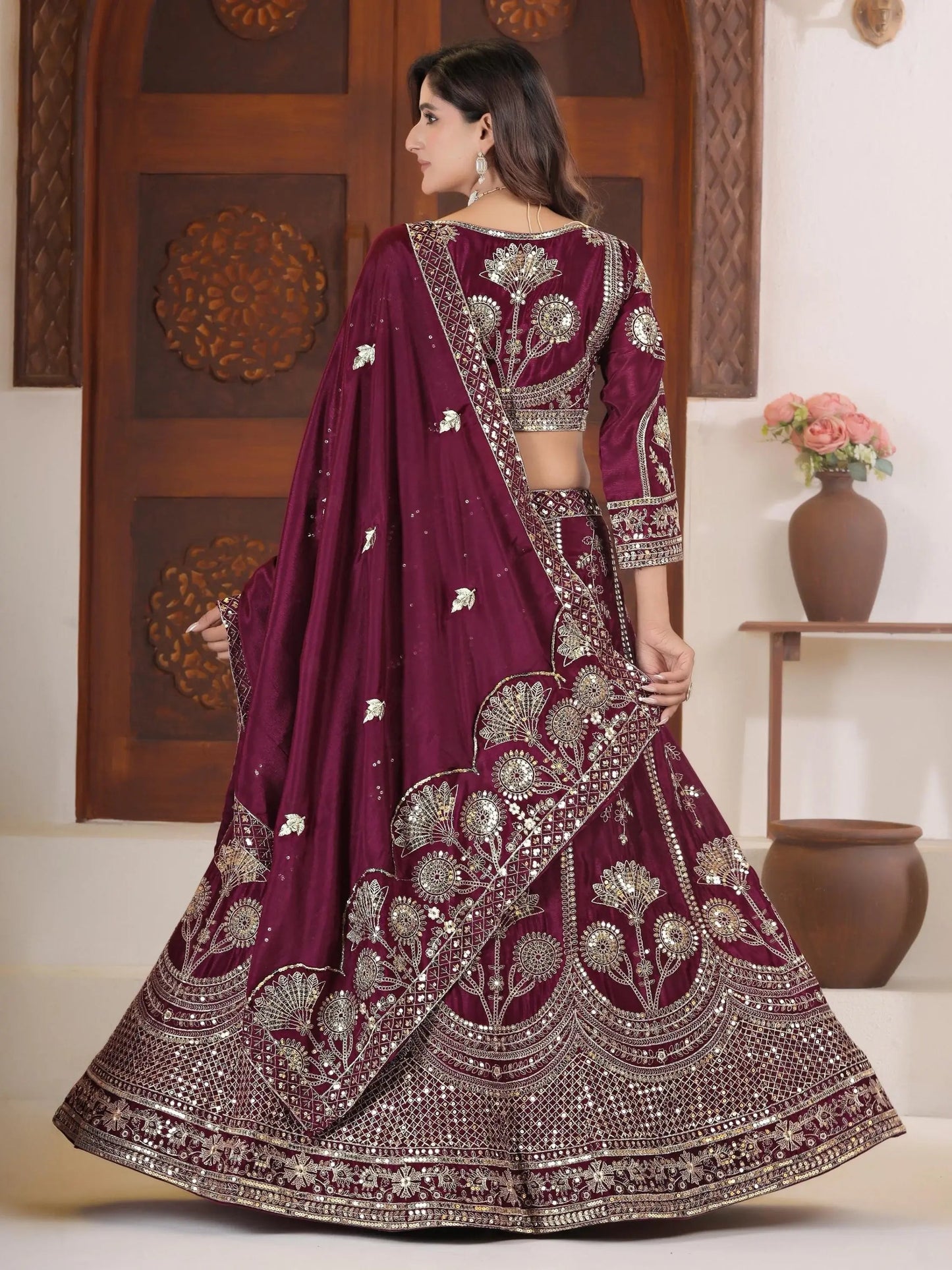 Excellent Wine Embroidered Chinon Engagement Lehenga With Blouse