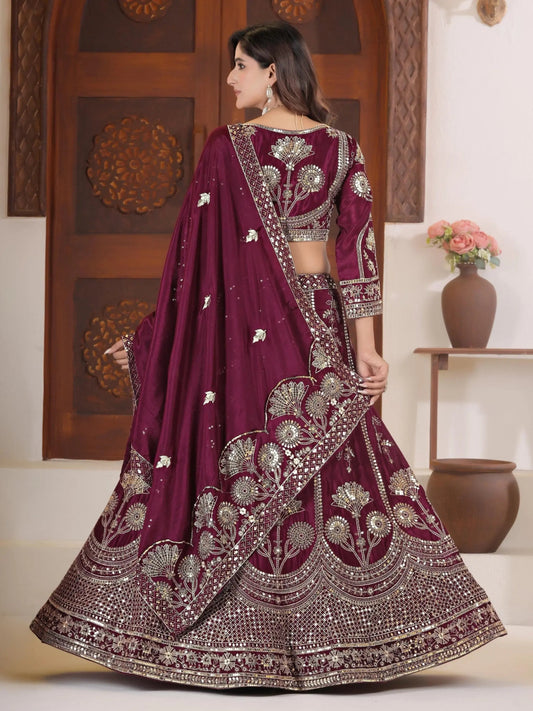 Excellent Wine Embroidered Chinon Engagement Lehenga With Blouse