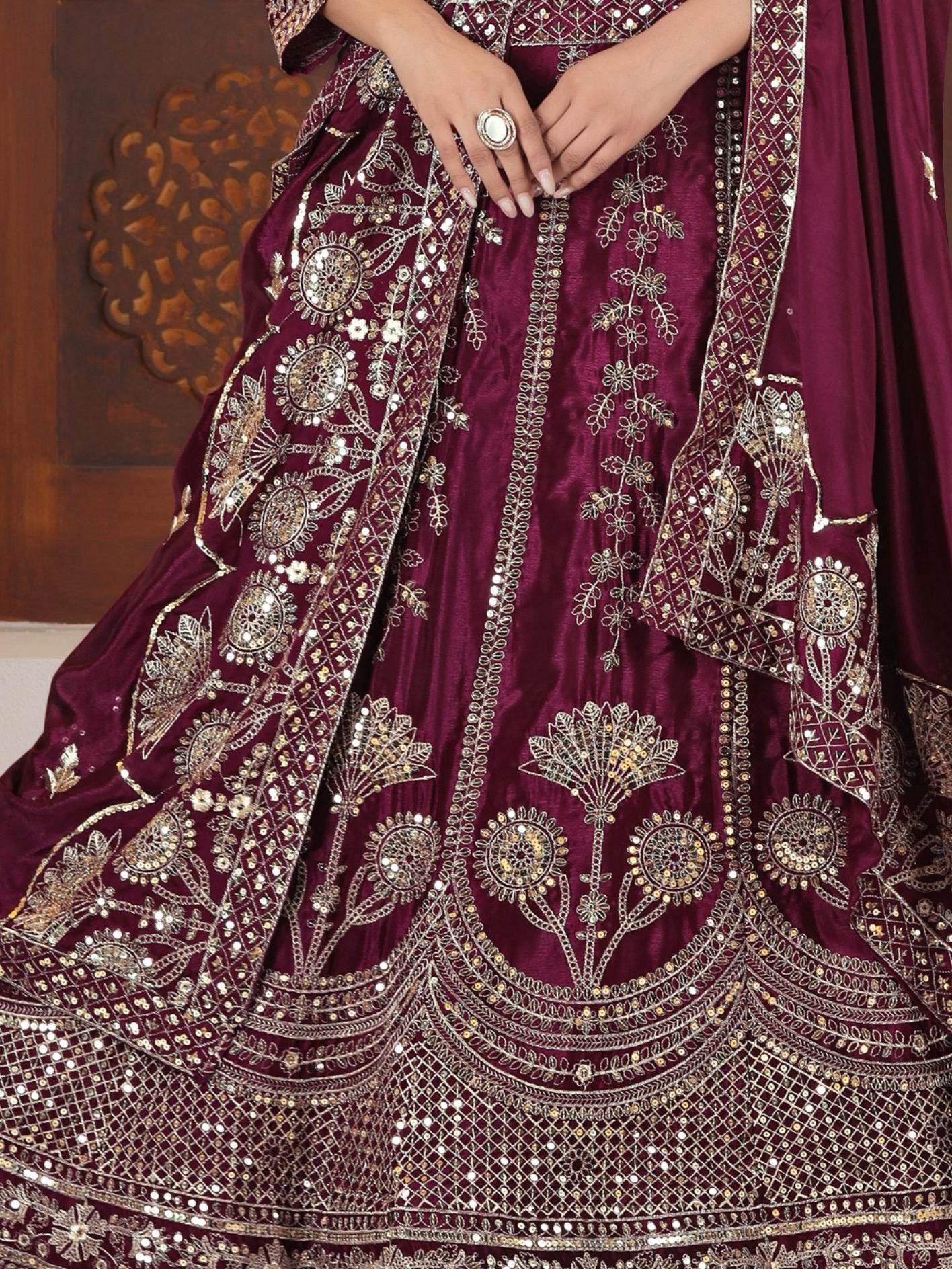 Excellent Wine Embroidered Chinon Engagement Lehenga With Blouse