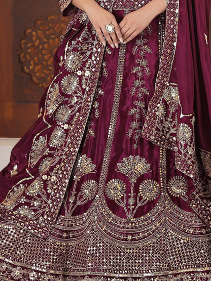 Excellent Wine Embroidered Chinon Engagement Lehenga With Blouse