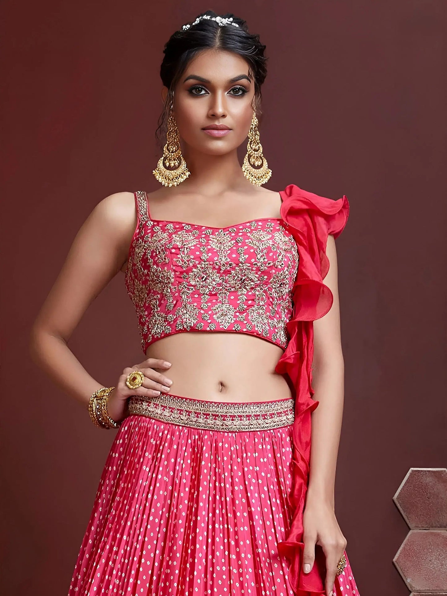 Capricious Pink Digital Printed Chinon Silk Designer Lehenga Choli
