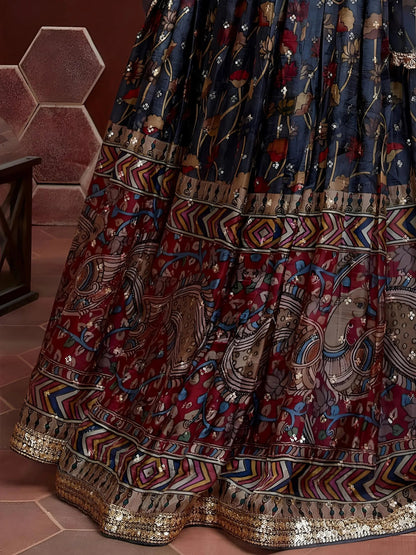 Exquisite Blue Digital Printed Chinon Silk Party Wear Lehenga Choli