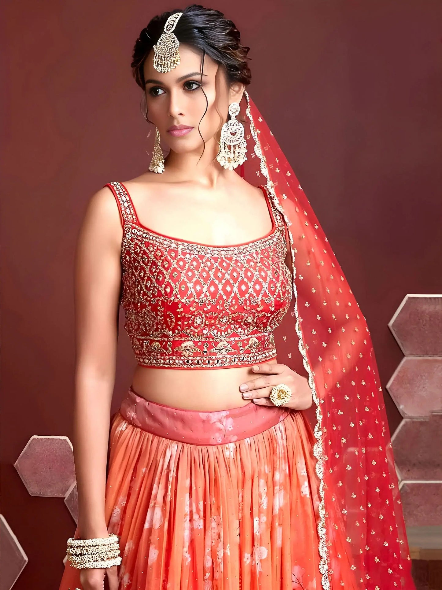 Astonishing Orange Digital Printed Organza Silk Lehenga Choli