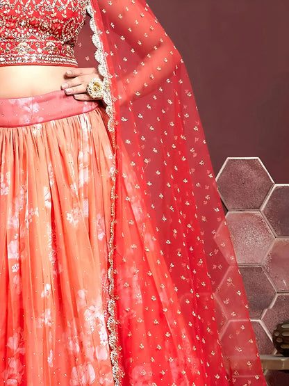 Astonishing Orange Digital Printed Organza Silk Lehenga Choli