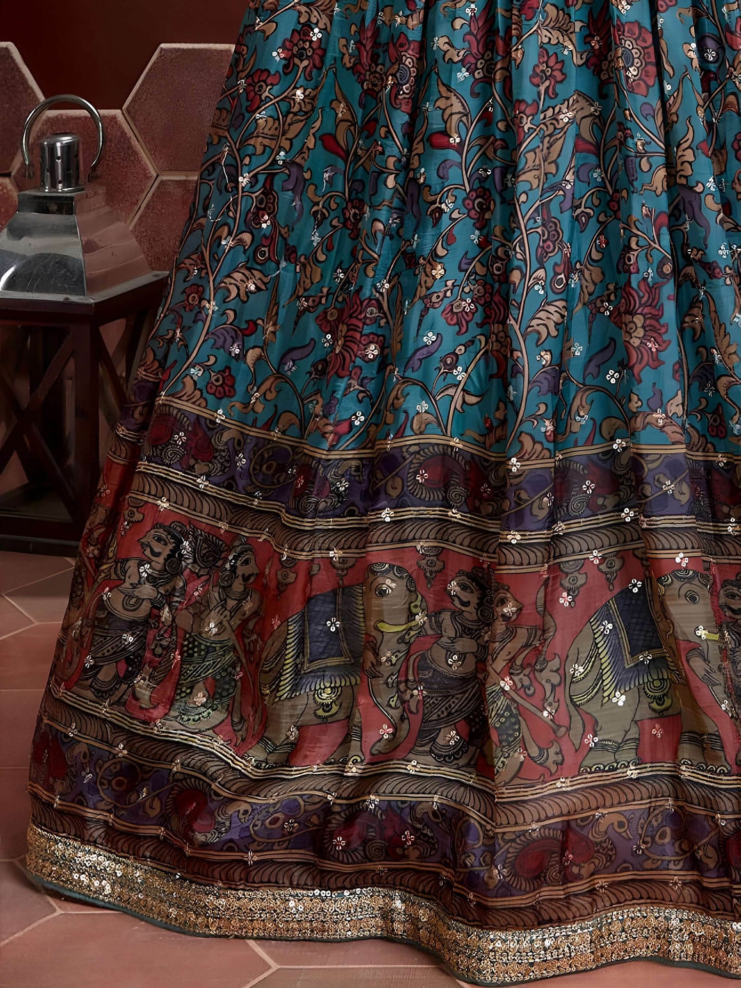 Stunning Sky Blue Printed Chinon Silk Reception Wear Lehenga Choli