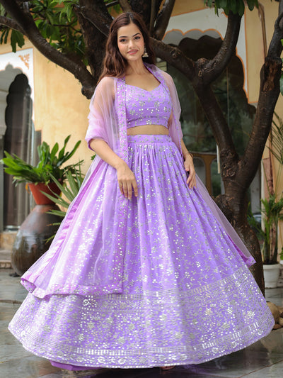 Lovely Lavender Embroidered Georgette Engagement Wear Lehenga Choli