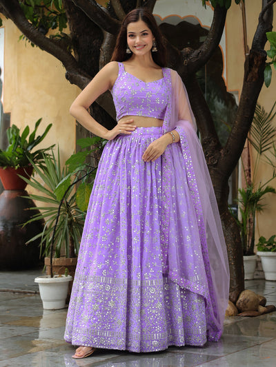 Lovely Lavender Embroidered Georgette Engagement Wear Lehenga Choli