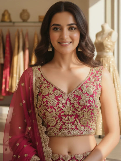 Pretty Pink Embroidered Net Evening Wear Lehenga With Blouse