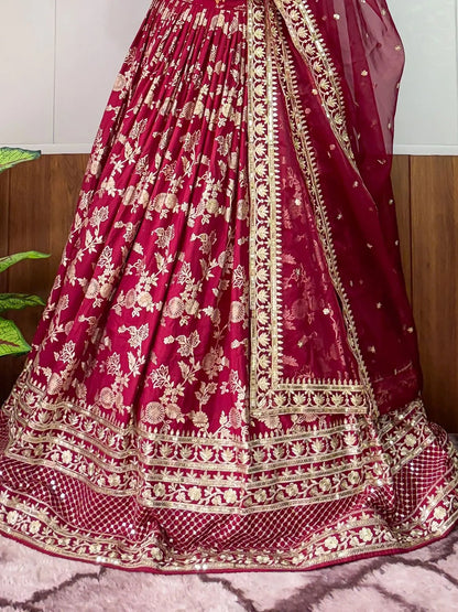 Exceptional Maroon Zari Embroidery Silk Wedding Wear Lehenga Choli