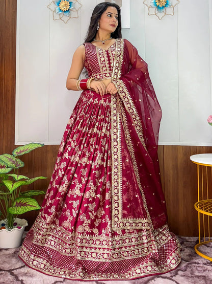 Exceptional Maroon Zari Embroidery Silk Wedding Wear Lehenga Choli