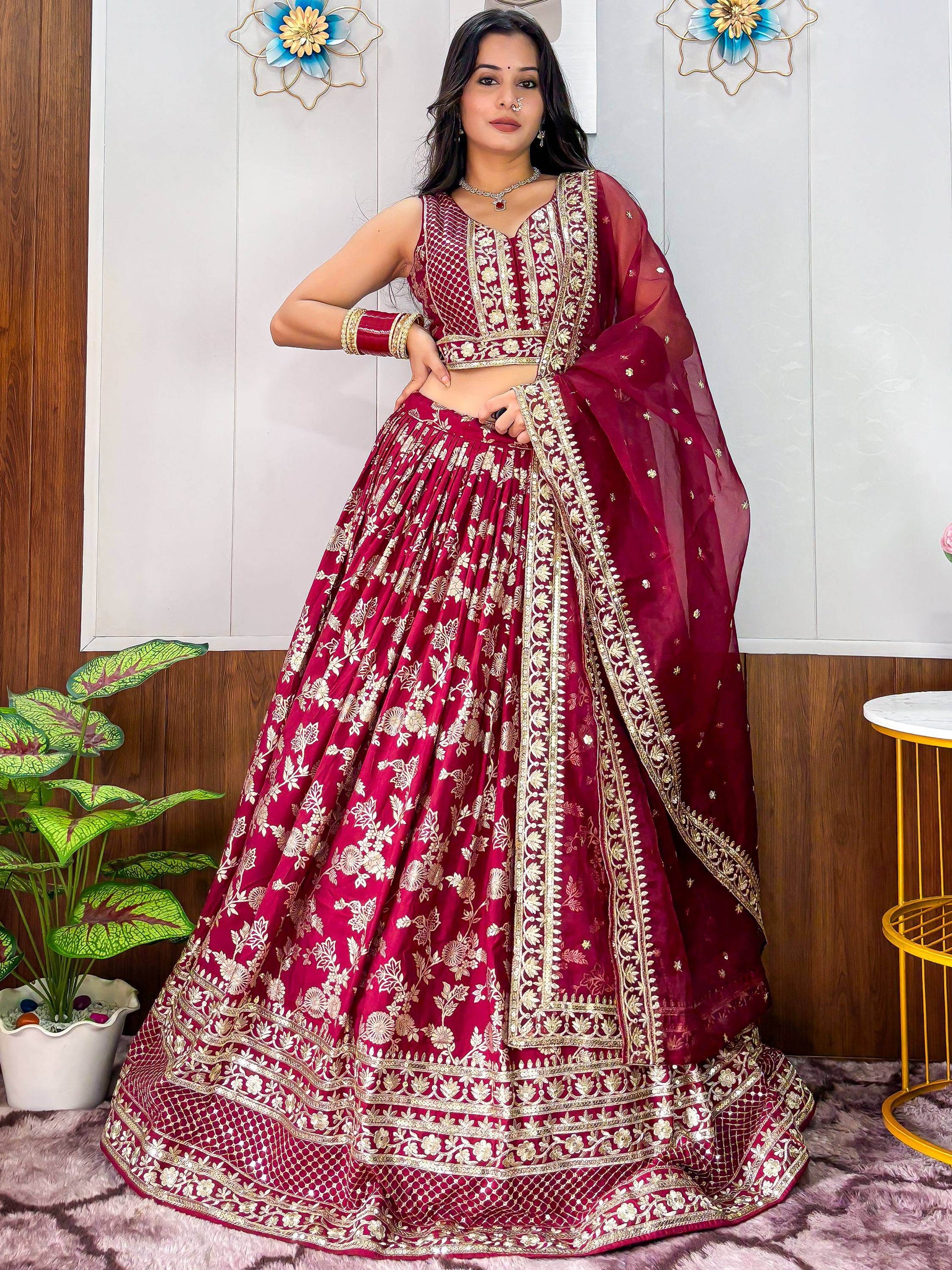 Exceptional Maroon Zari Embroidery Silk Wedding Wear Lehenga Choli