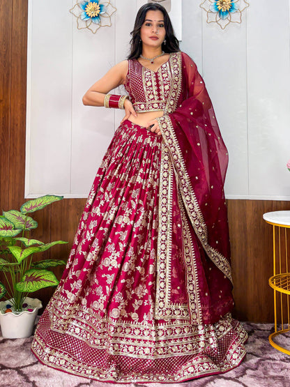 Exceptional Maroon Zari Embroidery Silk Wedding Wear Lehenga Choli