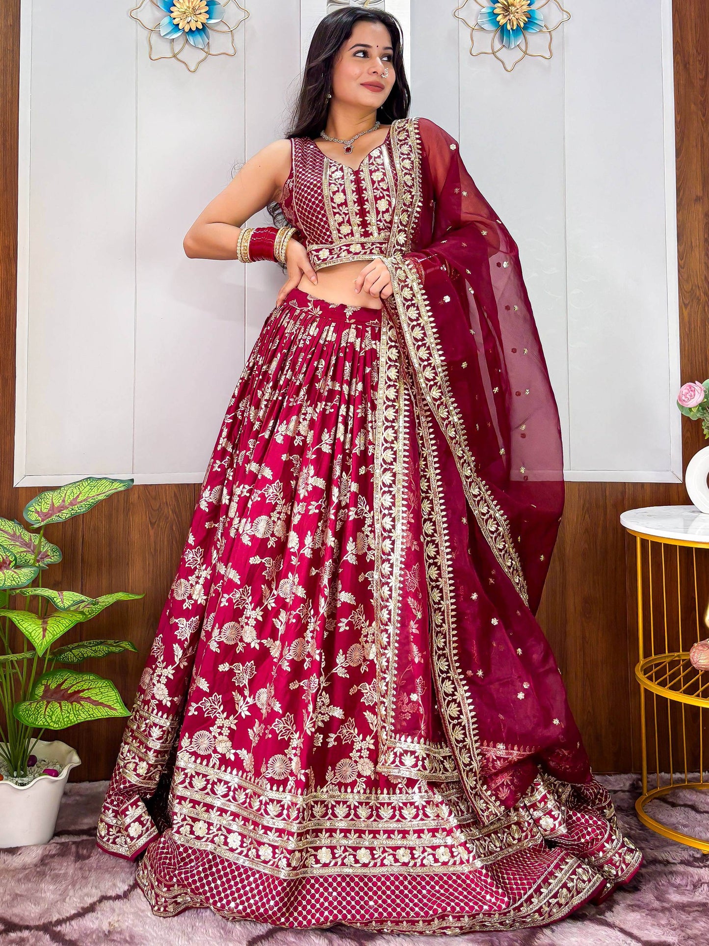 Exceptional Maroon Zari Embroidery Silk Wedding Wear Lehenga Choli