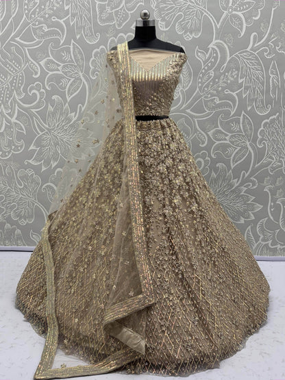 Stellar Beige Sequins Embroidered Net Lehenga Choli With Dupatta