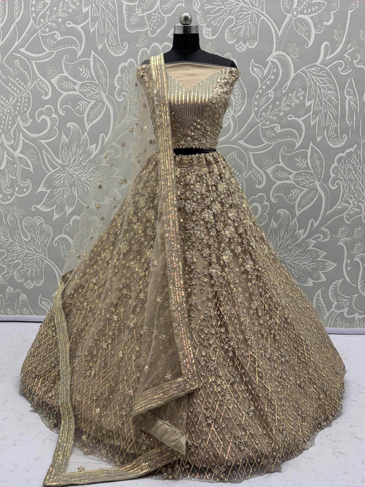 Stellar Beige Sequins Embroidered Net Lehenga Choli With Dupatta
