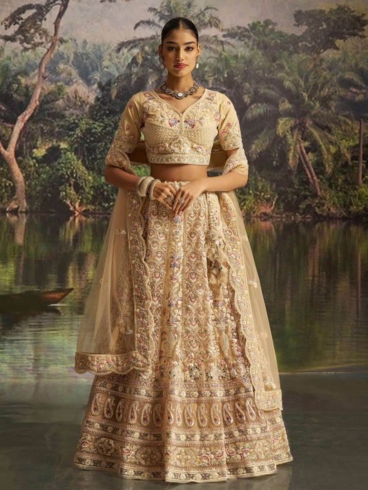 Elegant Cream Dori Embroidery Net Bridesmaid Lehenga Choli With Dupatta