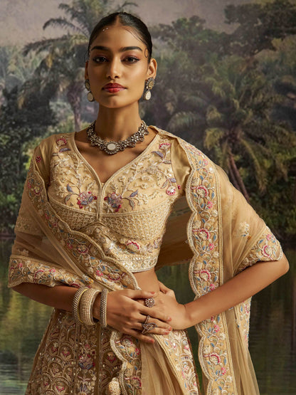 Elegant Cream Dori Embroidery Net Bridesmaid Lehenga Choli With Dupatta