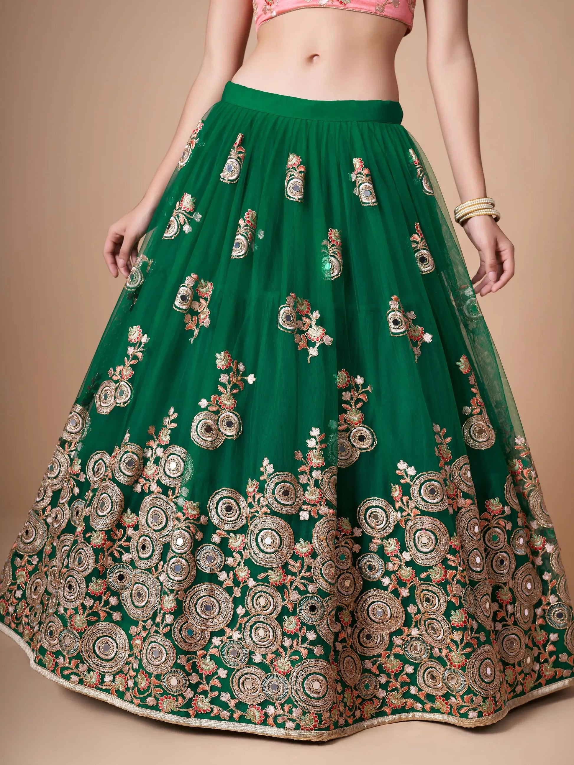 Abundant Green Mirror Work Net Reception Wear Lehenga Choli - Zeel Clothing