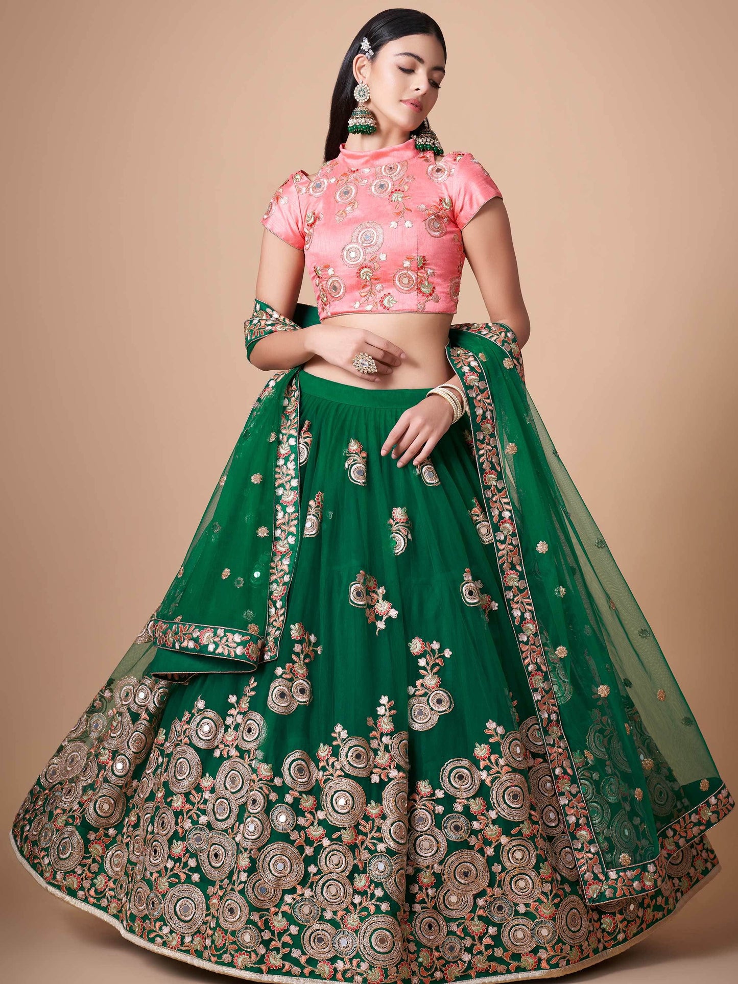 Abundant Green Mirror Work Net Reception Wear Lehenga Choli - Zeel Clothing