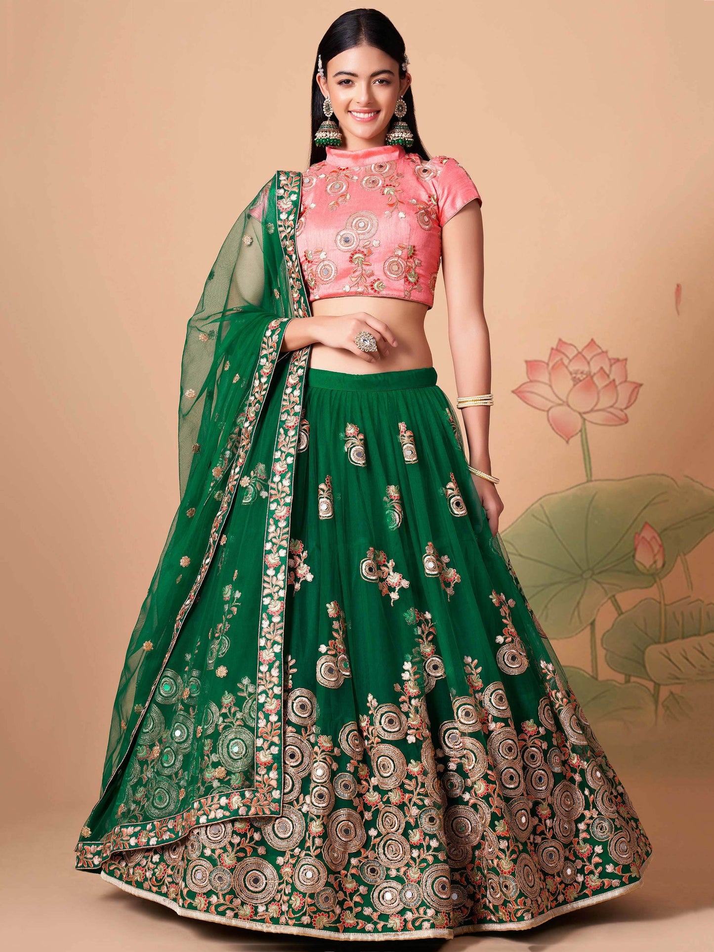 Abundant Green Mirror Work Net Reception Wear Lehenga Choli - Zeel Clothing