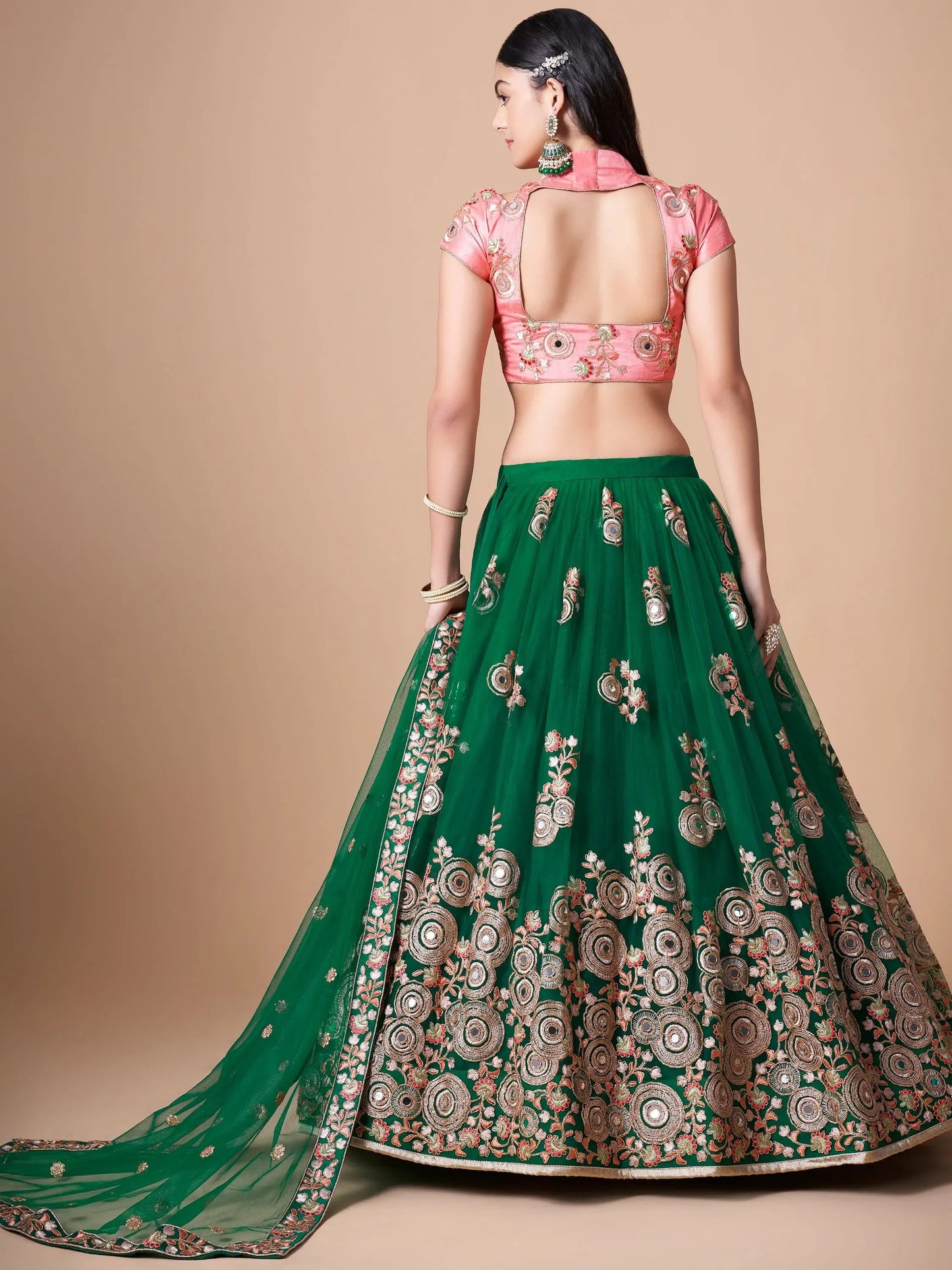 Abundant Green Mirror Work Net Reception Wear Lehenga Choli - Zeel Clothing