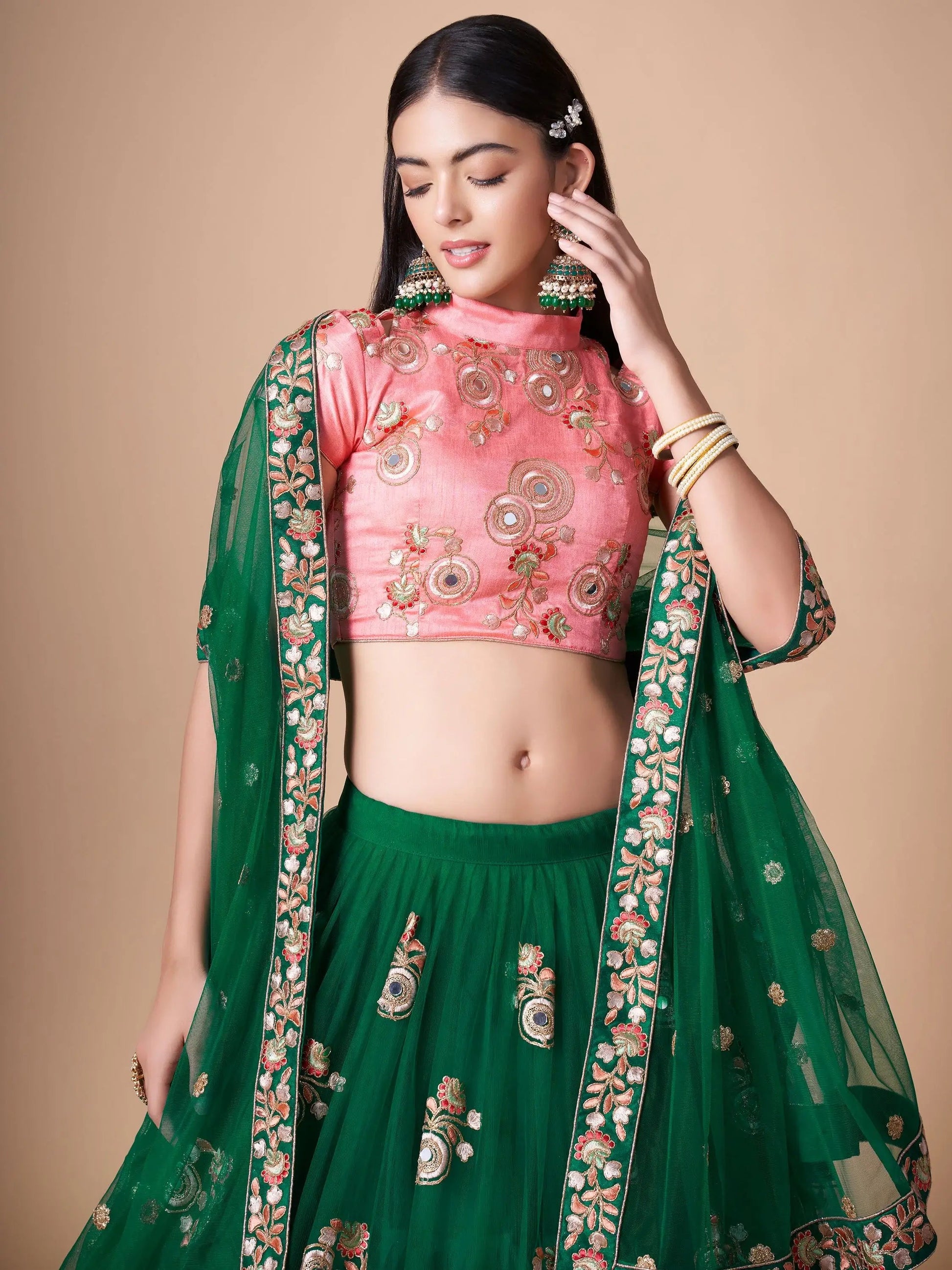 Abundant Green Mirror Work Net Reception Wear Lehenga Choli - Zeel Clothing
