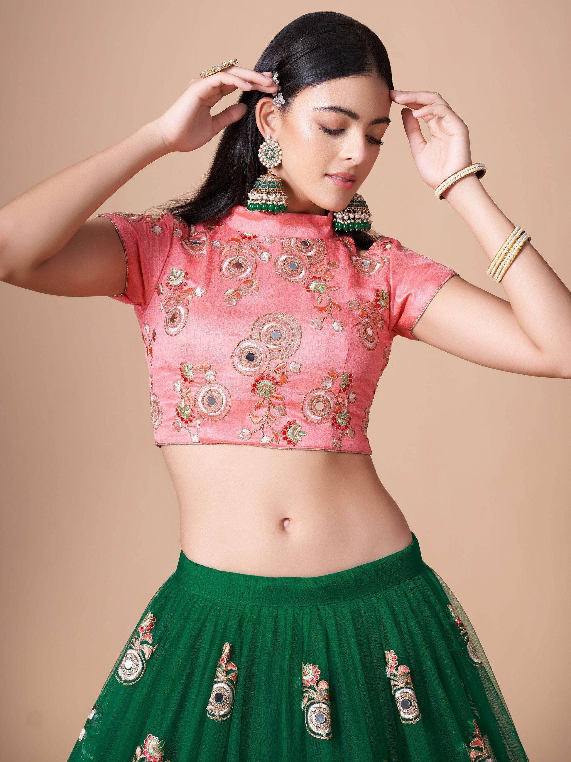 Abundant Green Mirror Work Net Reception Wear Lehenga Choli - Zeel Clothing