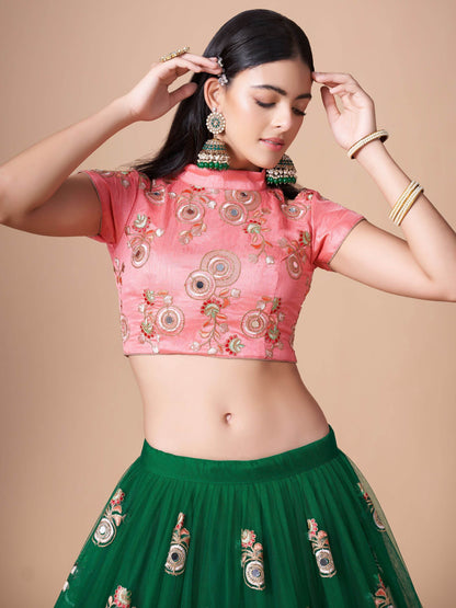 Abundant Green Mirror Work Net Reception Wear Lehenga Choli - Zeel Clothing