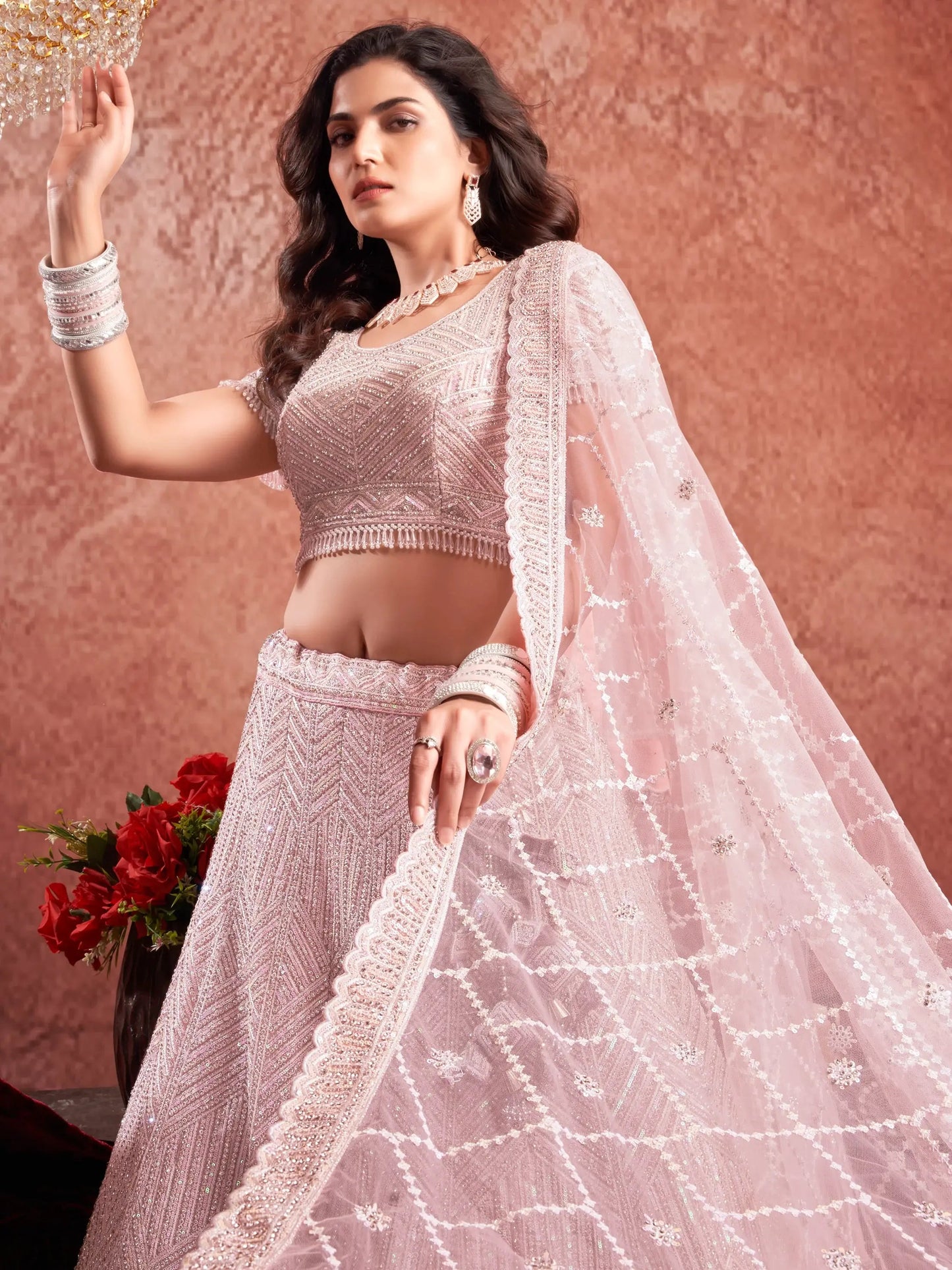 Adorable Baby Pink Sequins Work Net Engagement Wear Lehenga Choli - Zeel Clothing